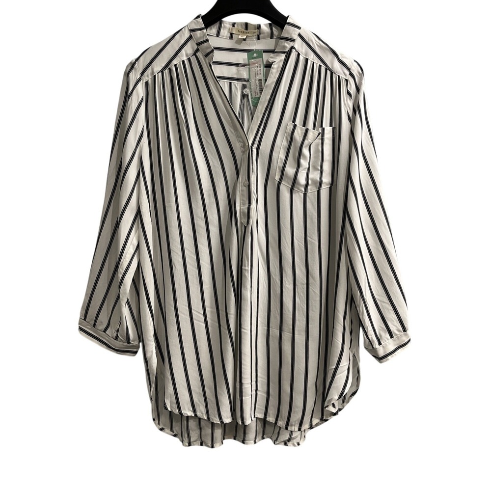 Fun2Fun Top Womens XXL White Black Striped Lightweight Tunic Roll Tab Sleeve